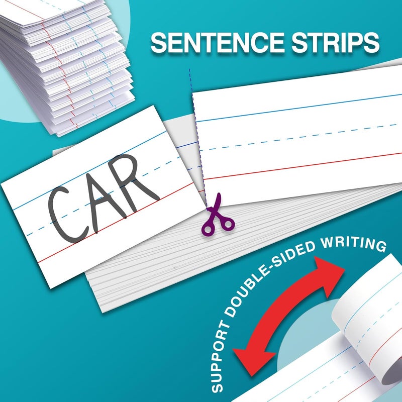 Chella Short Sentence Strips Cardstock 3” x 12”, White Ruled Word Learning Strips Nameplates for Teacher Supplies, Pack of 80 - Image 4